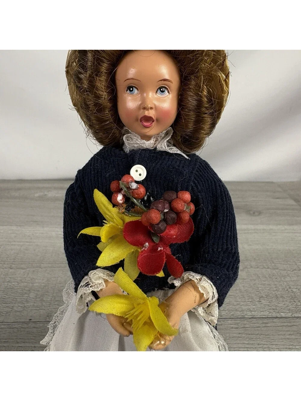 Vintage Thanksgiving Pilgrim Boy Girl Dolls Turkey Flowers 10” Pair